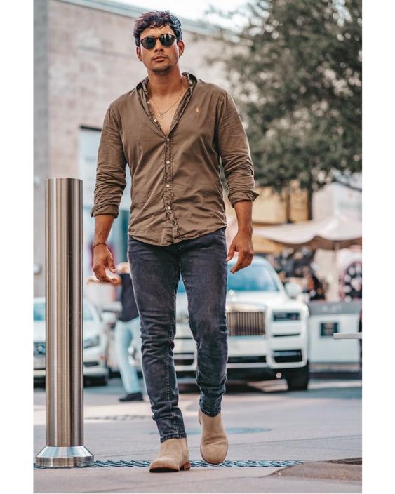 Olive Green Shirt with Dark Jeans and Chelsea Boots